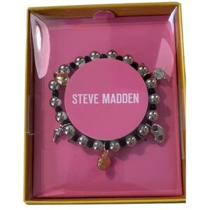 Steve Madden Mixed Metal Beaded Charm Bracelet Silver Gold Black Heart Shell New